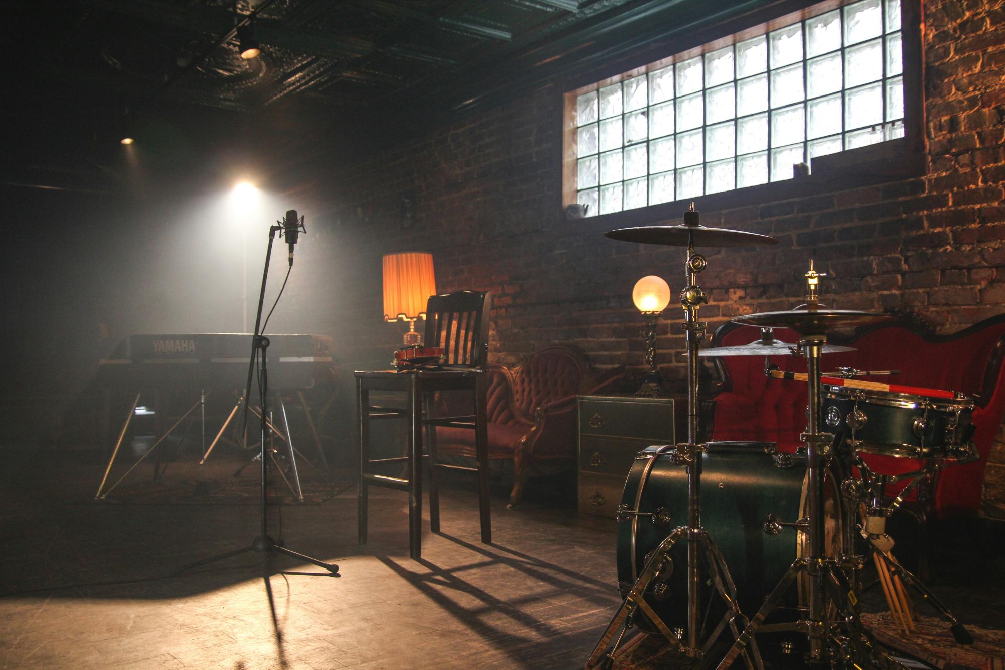 A vibrant community band practice room with instruments.